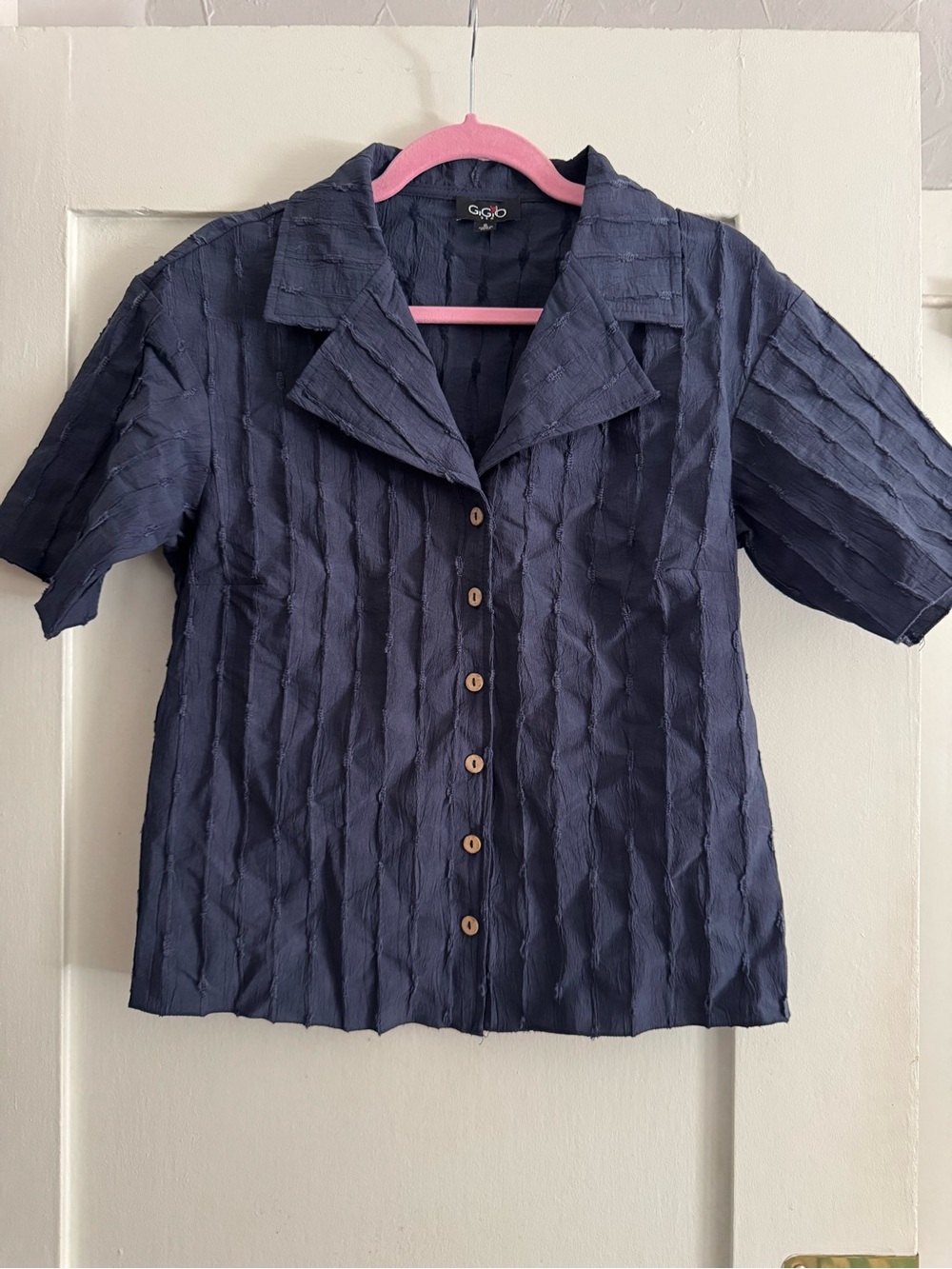 Navy Textured Short-Sleeve Button Front Top